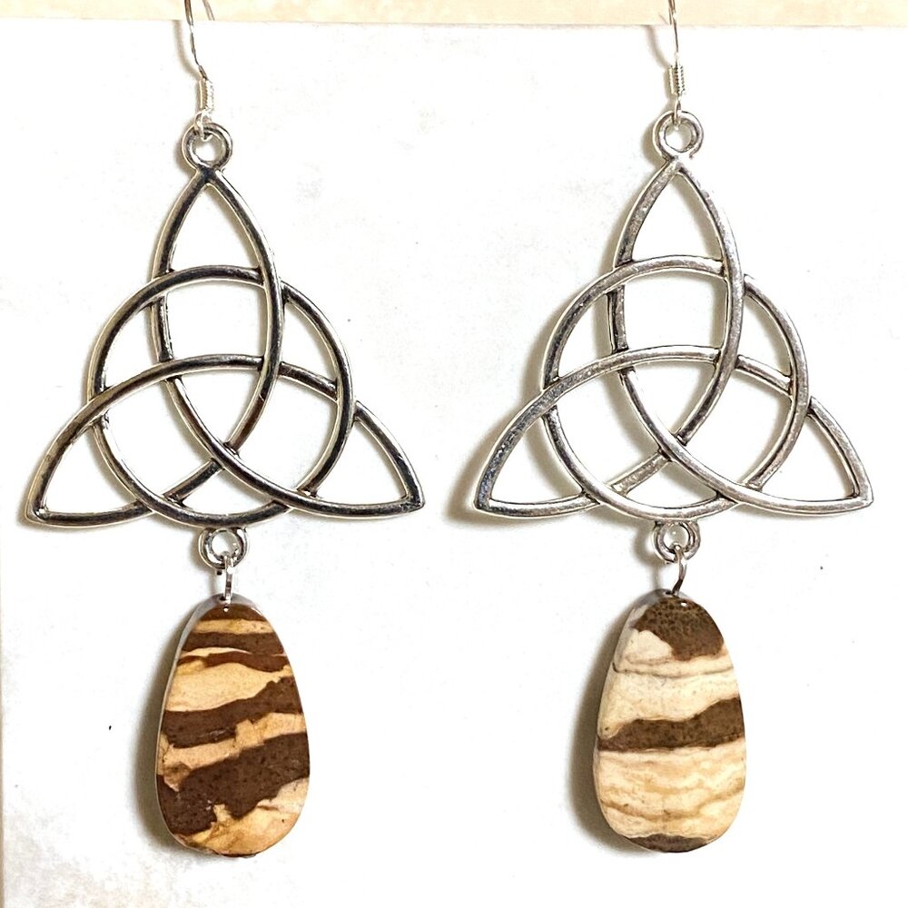 2/$20, Jasper Celtic Trinity Dangle Earrings, Genuine Gemstone + Sterling Silver